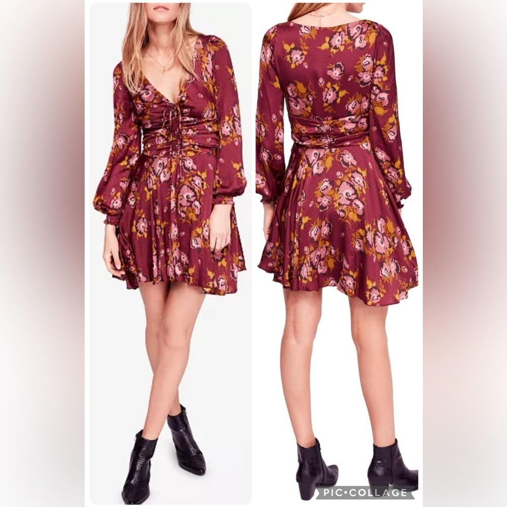 Free People Satin Morning Light Mini Dress Size 2 Boho Floral Burgundy